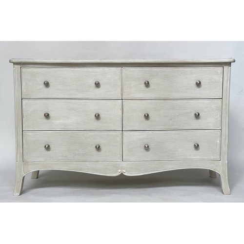 218 - LOW CHEST, French design traditionally grey painted with six drawers and splay supports, 139cm W x 8... 