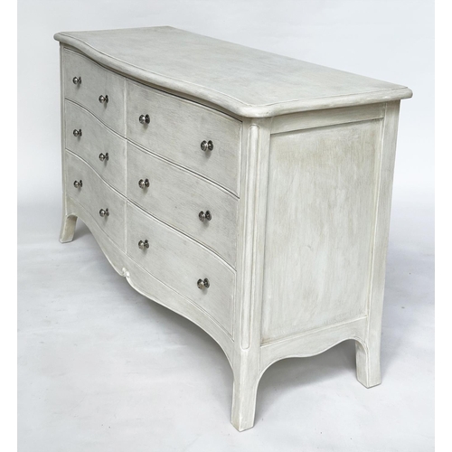 218 - LOW CHEST, French design traditionally grey painted with six drawers and splay supports, 139cm W x 8... 