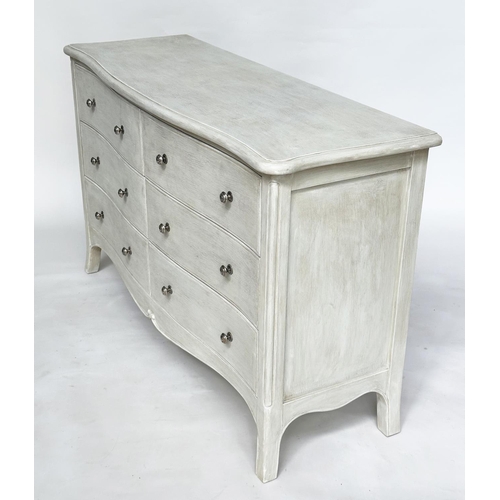 218 - LOW CHEST, French design traditionally grey painted with six drawers and splay supports, 139cm W x 8... 