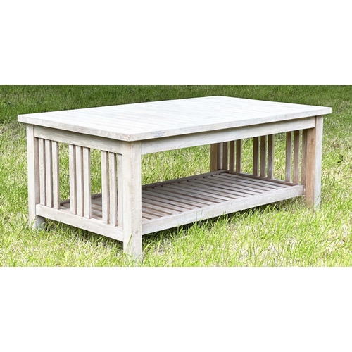 219 - GARDEN LOW TABLE, nicely weathered rectangular high grade slatted teak, 121cm W x 52cm H.