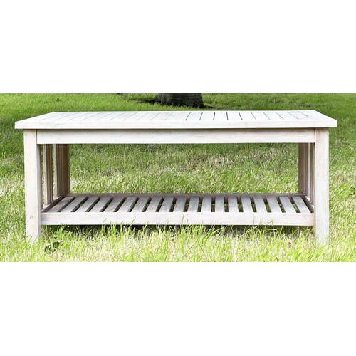 219 - GARDEN LOW TABLE, nicely weathered rectangular high grade slatted teak, 121cm W x 52cm H.