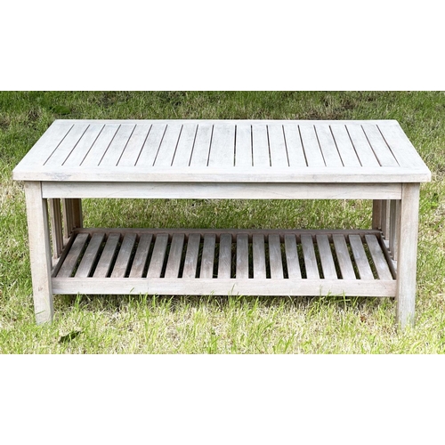 219 - GARDEN LOW TABLE, nicely weathered rectangular high grade slatted teak, 121cm W x 52cm H.