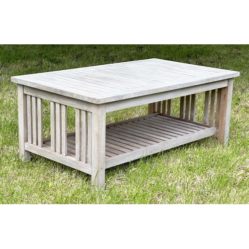 219 - GARDEN LOW TABLE, nicely weathered rectangular high grade slatted teak, 121cm W x 52cm H.