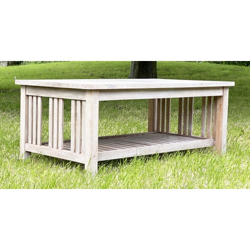 219 - GARDEN LOW TABLE, nicely weathered rectangular high grade slatted teak, 121cm W x 52cm H.