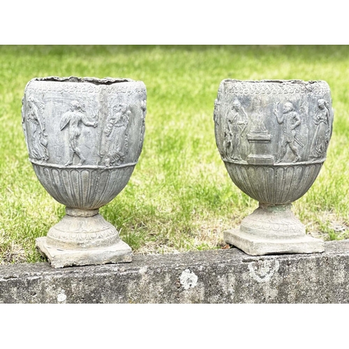 221 - LEAD GARDEN URNS, a pair, 19th century lead of urn-form depicting neoclassical figures each with squ... 