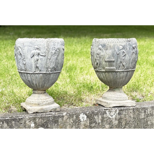 221 - LEAD GARDEN URNS, a pair, 19th century lead of urn-form depicting neoclassical figures each with squ... 