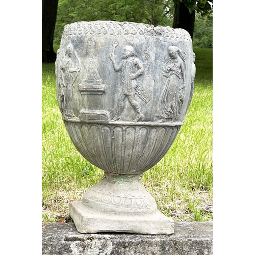 221 - LEAD GARDEN URNS, a pair, 19th century lead of urn-form depicting neoclassical figures each with squ... 