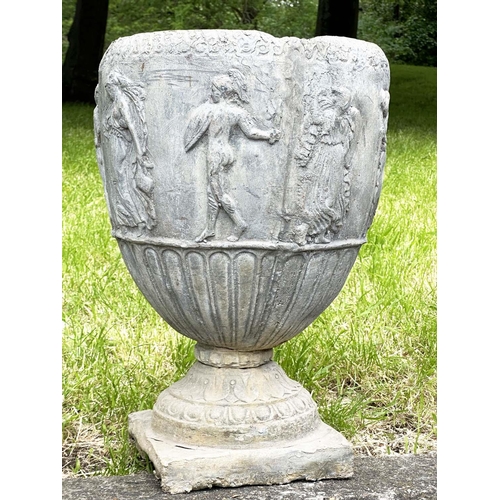 221 - LEAD GARDEN URNS, a pair, 19th century lead of urn-form depicting neoclassical figures each with squ... 