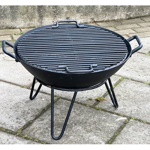 222 - FIRE PIT, circular heavy gauge wrought iron with grille on stand, 65cm W x 38cm H.