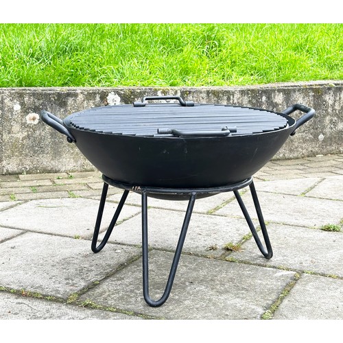 222 - FIRE PIT, circular heavy gauge wrought iron with grille on stand, 65cm W x 38cm H.