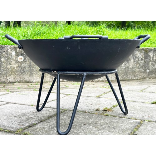 222 - FIRE PIT, circular heavy gauge wrought iron with grille on stand, 65cm W x 38cm H.