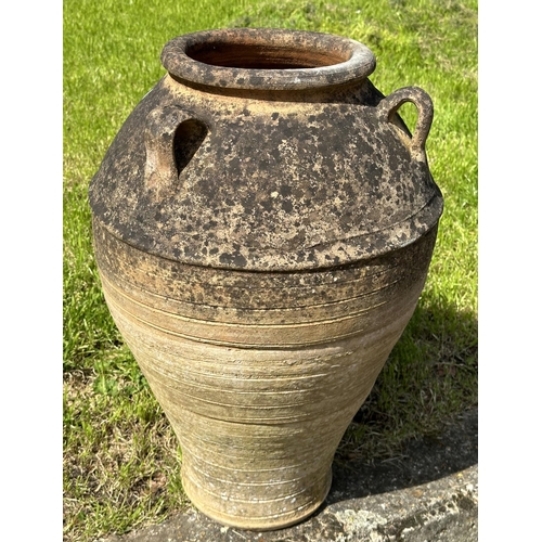 223 - GARDEN AMPHORA STYLE PLANTER, well weathered terracotta with loop handles and incised detail, 73cm H... 