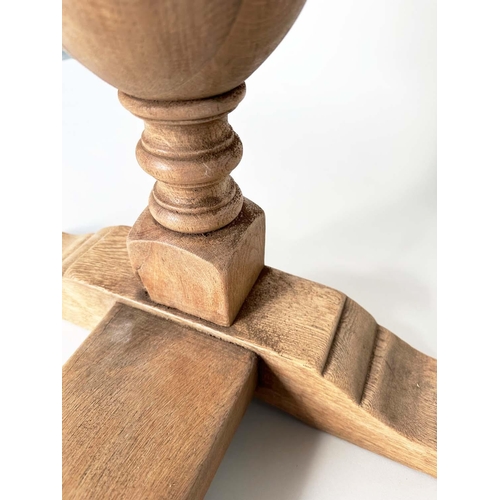 224 - REFECTORY TABLE, early English style oak with planked top, cup and cover turned pillar trestles and ... 