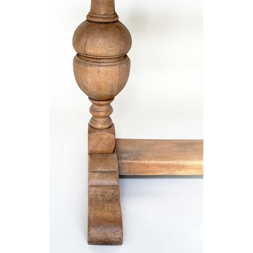 224 - REFECTORY TABLE, early English style oak with planked top, cup and cover turned pillar trestles and ... 