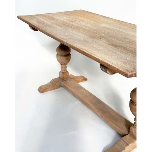 224 - REFECTORY TABLE, early English style oak with planked top, cup and cover turned pillar trestles and ... 