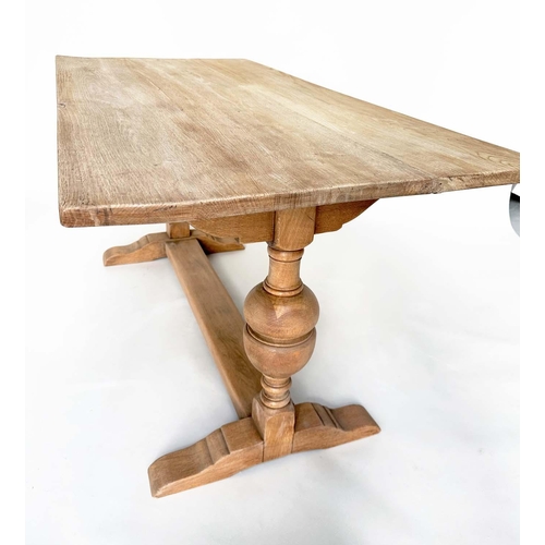 224 - REFECTORY TABLE, early English style oak with planked top, cup and cover turned pillar trestles and ... 