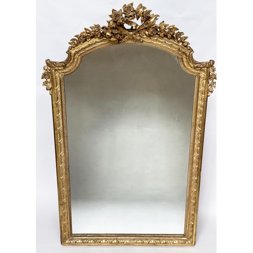 226 - WALL MIRROR, 19th century French giltwood and gesso with arched crested and beaded frame, 185cm H x ... 