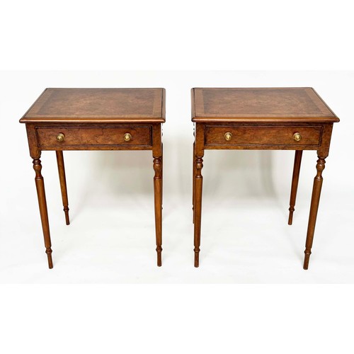 227 - LAMP TABLES, a pair, George III design burr walnut and yewwood each with frieze drawer and reeded ta... 