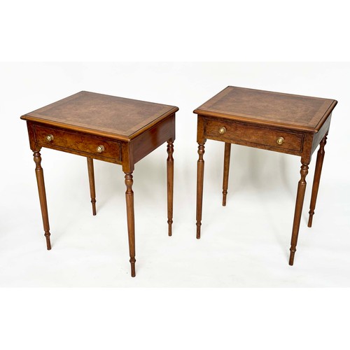 227 - LAMP TABLES, a pair, George III design burr walnut and yewwood each with frieze drawer and reeded ta... 