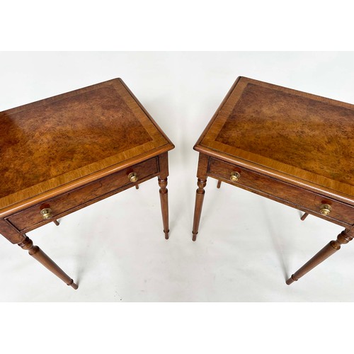 227 - LAMP TABLES, a pair, George III design burr walnut and yewwood each with frieze drawer and reeded ta... 