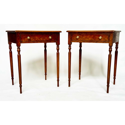 227 - LAMP TABLES, a pair, George III design burr walnut and yewwood each with frieze drawer and reeded ta... 