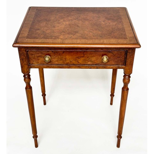 227 - LAMP TABLES, a pair, George III design burr walnut and yewwood each with frieze drawer and reeded ta... 