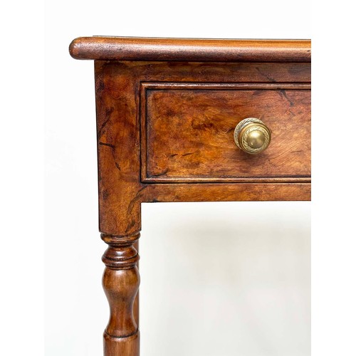 227 - LAMP TABLES, a pair, George III design burr walnut and yewwood each with frieze drawer and reeded ta... 