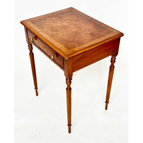 227 - LAMP TABLES, a pair, George III design burr walnut and yewwood each with frieze drawer and reeded ta... 