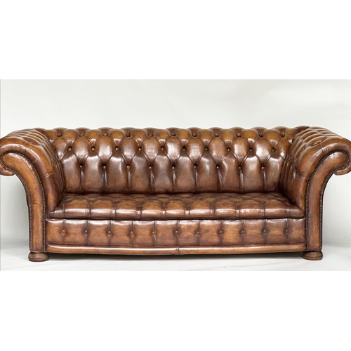 230 - CHESTERFIELD SOFA, natural soft antique tan brown leather with deep buttoned arched back and arms, 2... 