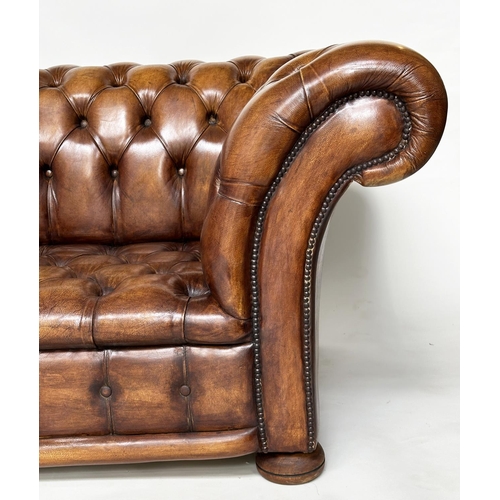 230 - CHESTERFIELD SOFA, natural soft antique tan brown leather with deep buttoned arched back and arms, 2... 