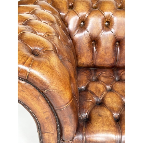 230 - CHESTERFIELD SOFA, natural soft antique tan brown leather with deep buttoned arched back and arms, 2... 