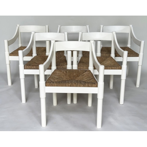 275 - ATTRIBUTED TO VICO MAGISTRETTI CARIMATE CHAIRS, a set of six, white with rush seats, 75.5cm H. (6)