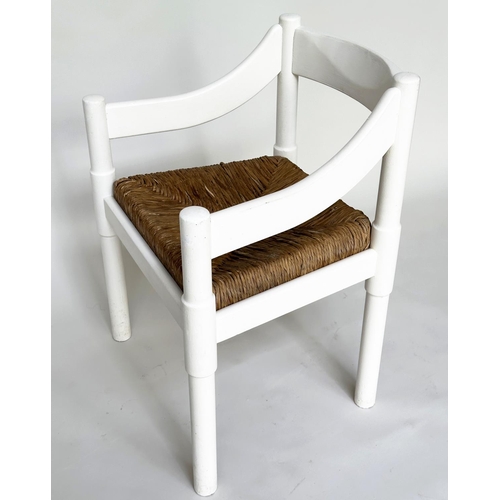 275 - ATTRIBUTED TO VICO MAGISTRETTI CARIMATE CHAIRS, a set of six, white with rush seats, 75.5cm H. (6)