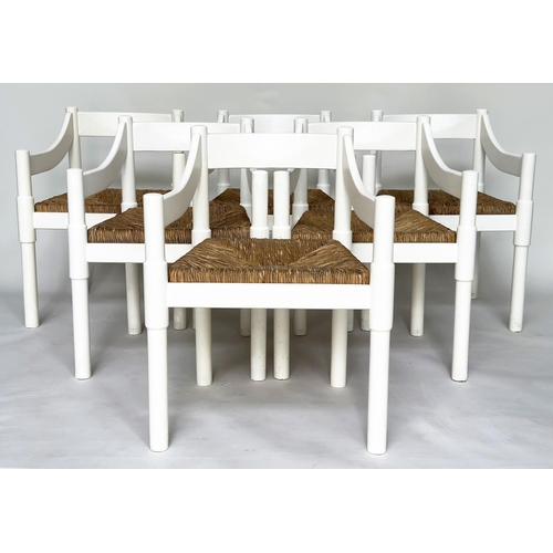 275 - ATTRIBUTED TO VICO MAGISTRETTI CARIMATE CHAIRS, a set of six, white with rush seats, 75.5cm H. (6)