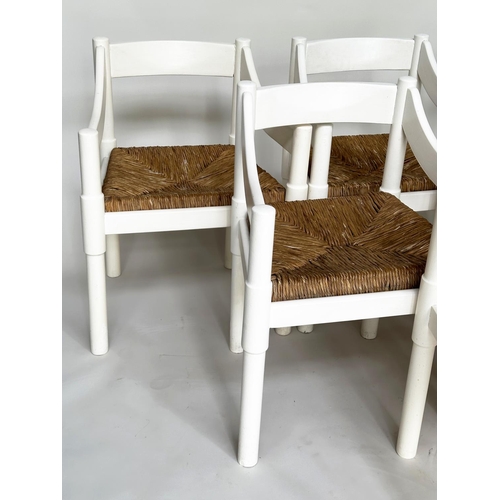 275 - ATTRIBUTED TO VICO MAGISTRETTI CARIMATE CHAIRS, a set of six, white with rush seats, 75.5cm H. (6)