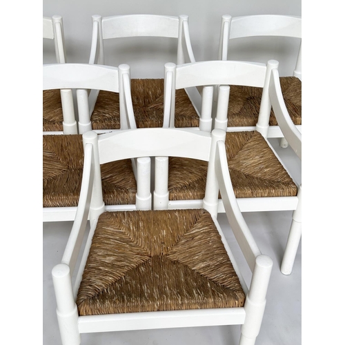 275 - ATTRIBUTED TO VICO MAGISTRETTI CARIMATE CHAIRS, a set of six, white with rush seats, 75.5cm H. (6)