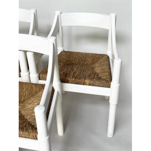 275 - ATTRIBUTED TO VICO MAGISTRETTI CARIMATE CHAIRS, a set of six, white with rush seats, 75.5cm H. (6)