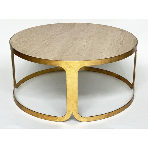 277 - LUXOR COFFEE TABLE, contemporary circular Italian travertine marble raised upon leaf gilded metal ba... 