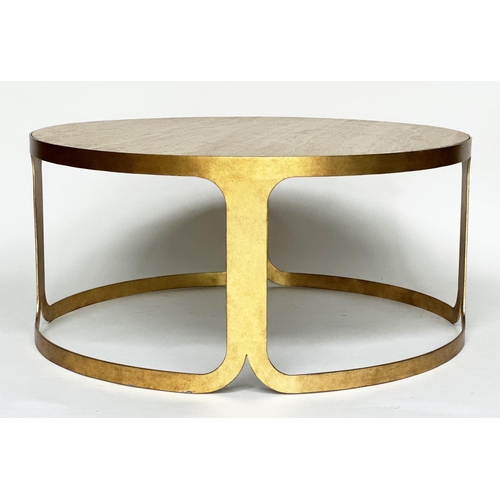 277 - LUXOR COFFEE TABLE, contemporary circular Italian travertine marble raised upon leaf gilded metal ba... 