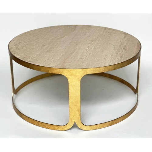 277 - LUXOR COFFEE TABLE, contemporary circular Italian travertine marble raised upon leaf gilded metal ba... 