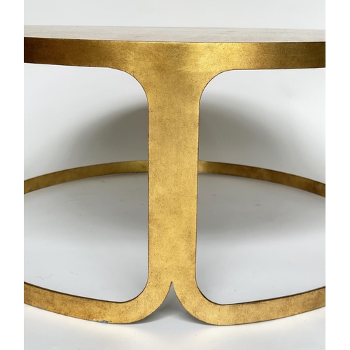 277 - LUXOR COFFEE TABLE, contemporary circular Italian travertine marble raised upon leaf gilded metal ba... 