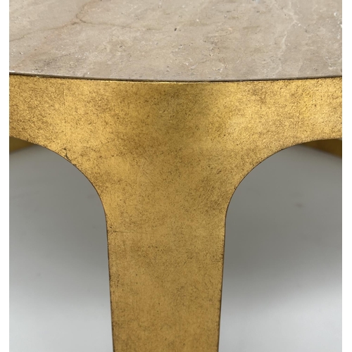 277 - LUXOR COFFEE TABLE, contemporary circular Italian travertine marble raised upon leaf gilded metal ba... 