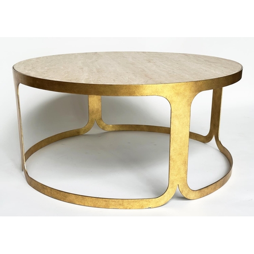 277 - LUXOR COFFEE TABLE, contemporary circular Italian travertine marble raised upon leaf gilded metal ba... 