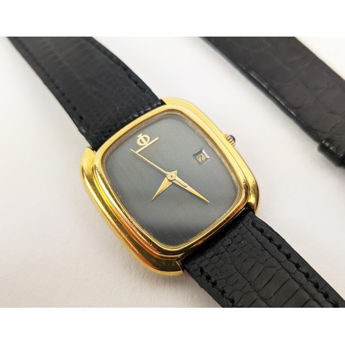 179 - A BAUME AND MERCIER WRISTWATCH, 18ct gold cased, black leather strap, calendar dial, Swiss made move... 