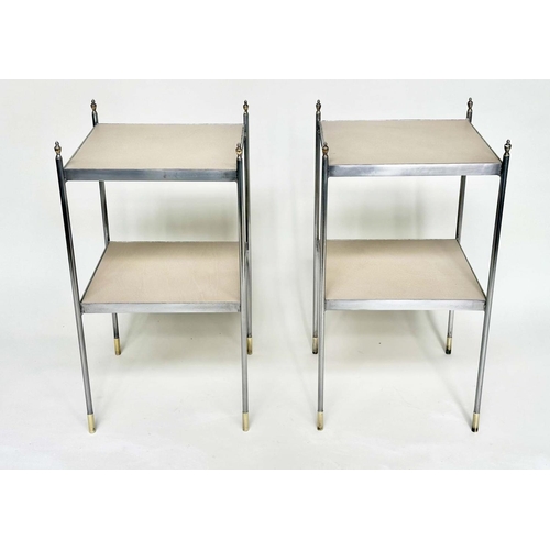 254 - LAMP TABLES, a pair, early 20th century polished steel square two tiered each with neutral grained l... 