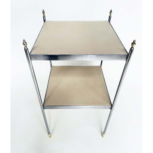 254 - LAMP TABLES, a pair, early 20th century polished steel square two tiered each with neutral grained l... 