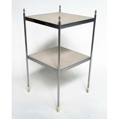 254 - LAMP TABLES, a pair, early 20th century polished steel square two tiered each with neutral grained l... 