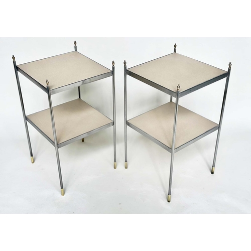 254 - LAMP TABLES, a pair, early 20th century polished steel square two tiered each with neutral grained l... 