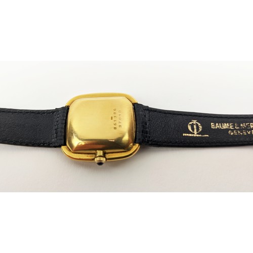 179 - A BAUME AND MERCIER WRISTWATCH, 18ct gold cased, black leather strap, calendar dial, Swiss made move... 