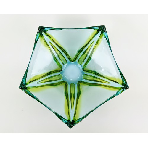 180 - A MURANO STYLE GLASS FRUIT BOWL, of pentagonal form, in yellow and green colourway, 10cm high, 26cm ... 